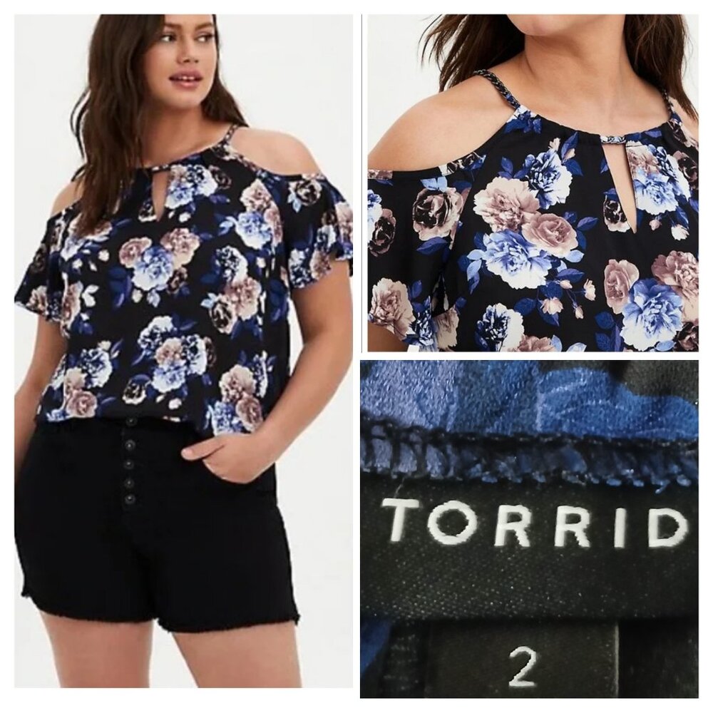 Torrid Top Plus Size 2 2X Cold Shoulder Chain Strap Keyhole Black Floral